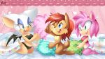  amy_rose anthro bat bed black_panties blue_eyes blush bow_panties floral_print furry green_eyes hairband heart_print lipstick long_hair nude panties pillow pillow_fight pink_hair printed_panties red_hair rouge_the_bat sally_acorn sega shiny shiny_skin short_hair smile sonic_(series) star_print underwear white_hair white_panties 