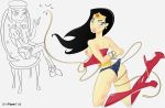 ass black_hair blue_eyes blush boots bracelet breasts dc earrings embarrassing funny jewelry lipstick long_hair looking_back mordred nipples rope shiny shiny_skin smile thepapercat topless undressing wonder_woman