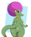 afro alligator anthro ass blush breasts bubble_butt collar earrings female furry jewelry kalypso looking_at_viewer looking_back necklace nude pink_hair pinup red_eyes reptile scalie shiny shiny_skin sideboob solo sssonic2 wide_hips