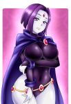 1girl azdraw black_leotard breasts cape clothed curvaceous dc dc_comics female female_only forehead_jewel gloves grey_skin holding_arm leotard lipstick looking_at_viewer makeup navel purple_hair raven_(dc) shiny shiny_skin short_hair smile solo standing superheroine teen_titans underwear