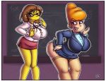  bbw big_breasts breasts brown_hair elizabeth_hoover frilly_panties glasses innocenttazlet lipstick long_hair looking_back orange_hair panties principal_waxelplax shiny shiny_skin short_hair smile stockings striped striped_panties teacher the_fairly_oddparents the_simpsons wide_hips yellow_skin 