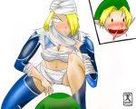  1boy 1girl angry artcat1962 bandage bandaged_chest bandages blonde_hair blood blush breasts cleavage hat lens_of_truth link long_hair ninja nintendo nosebleed ocarina_of_time princess_zelda sarashi sheik sheikah the_legend_of_zelda the_legend_of_zelda:_ocarina_of_time tsundere 