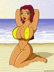  beach big_breasts bikini breasts cleavage erect_nipples green_eyes long_hair nipples ocean orange_skin red_hair shiny shiny_skin starfire string_bikini teen_titans 
