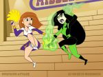 2010 angry black_hair blue_panties cheerleader disney fight fighting green_eyes green_skin kim_possible kimberly_ann_possible lipstick long_hair mad orange_hair panties pom_poms shego suit