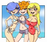 big_breasts bikini blonde_hair blue_eyes blue_hair breasts cleavage ed,_edd,_'n'_eddy freckles green_eyes heart_print innocenttazlet kanker_sisters lee_kanker marie_kanker may_kanker orange_hair print_bikini short_hair side-tie_bikini smile swimsuit trailer_trash