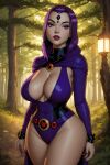 1girl ai_generated belt cloak dc_comics huge_breasts leotard rachel_roth raven_(dc) seductive_look tagme teen_titans the_hotshot thick_thighs