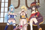 1girl 3:2_aspect_ratio 3_girls :d aqua_(konosuba) big_breasts black_hair blonde blue_eyes blue_hair blush breasts chestnut_mouth darkness_(konosuba) female_focus green_eyes hair_ornament hair_rings hairclip hand_on_hip kono_subarashii_sekai_ni_shukufuku_wo! long_hair medium_breasts megumin multiple_girls nipples open_clothes open_mouth ponpondou ponytail pussy red_eyes short_hair short_hair_with_long_locks small_breasts smile standing tied_hair uncensored x_hair_ornament