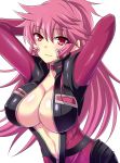 1girl arms_behind_head black_bodysuit blush bodysuit breasts center_opening choker cleavage collar erect_nipples full-length_zipper hidaka_aoi large_breasts long_hair looking_at_viewer megane_man navel no_bra open_clothes pilot_suit pink_hair purple_bodysuit red_eyes simple_background smile unzipped upper_body white_background zipper