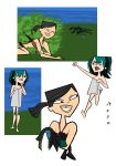  aeon708 angry asian asian_female black_eyes black_hair breasts cartoon_network cfnf cleavage comic dyed_hair embarrassing funny goth green_hair green_lipstick gwen_(tdi) heather_(tdi) hourglass_figure lipstick navel nude pale-skinned_female ponytail prank short_hair skinny_dipping smile thick_ass thick_legs thick_thighs total_drama_island towel two_tone_hair water 