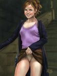 1girl breasts clothed emma_watson female_only hairless_pussy harry_potter hermione_granger kinkyjimmy no_panties pussy skirt skirt_lift solo_female upskirt