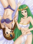 2girls absurdres alluring bikini bra brown_hair crossover green_eyes green_hair hair highres jewelry kid_icarus long_hair lying multiple_girls nintendo off_shoulder official_art on_back palutena panties princess_zelda shield text the_legend_of_zelda thighhighs tiara very_long_hair web_address web_address_without_path