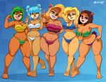 1girl 2019 3_toes 5girls abs ami_bandicoot animal_ears animal_tail anthro arm_up armpits arms_behind_head bandicoot biceps big_breasts bikini bimbo black_nose blonde blonde_hair blue_background blue_bikini blue_eyes blue_hair blue_swimsuit bows breasts brown_hair chubby cleavage clothing crash_(series) crash_bandicoot_(series) crash_team_racing crash_team_racing_nitro-fueled curvy dated double_bun ear_piercing eyelashes eyeshadow female_only fit fit_female flexing fully_clothed furry furry_only green_bikini_bottom green_bikini_top green_eyes green_hair grin group hair_bows hair_ribbons hairbows half-closed_eyes hand_on_hip hands_behind_head high_res huge_breasts imadeej isabella_bandicoot legs lineup lips lipstick liz_bandicoot long_hair looking_at_viewer mammal marsupial medium_breasts medium_hair megumi_bandicoot mole mole_above_mouth multiple_females multiple_girls muscle muscular muscular_female muscular_legs naughty_dog navel one_eye_closed orange_fur piercing pink_bikini pink_lipstick pink_swimsuit purple_bikini_bottom purple_eyes purple_lipstick red_eyes red_lipstick ribbons sexually_suggestive shiny_clothes shiny_fur shiny_hair short_hair short_tail short_twintails side-tie_bikini signature smile sony_corporation sony_interactive_entertainment standing swimsuit tail take_your_pick tawna_bandicoot teeth text thick_thighs twin_tails v video_game video_games voluptuous white_bikini white_bow white_ribbon white_swimsuit wide_hips wink winking yellow_bikini_top yellow_fur