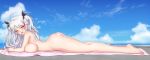 1_girl 1girl ahoge areola ass azur_lane bangs barefoot big_breasts black_ribbon breast_press breasts day feet female female_only flying_sweatdrops full_body hair_flaps hair_ornament hair_ribbon heart heart-shaped_pupils high_resolution in_profile legs long_hair long_legs looking_at_viewer lying nipples nude ocean on_stomach open_mouth orange_eyes outside p-nekoe parted_bangs pink_towel prinz_eugen_(azur_lane) ribbon silver_hair sky solo symbol-shaped_pupils toes towel two_side_up very_high_resolution wet