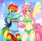 belly blue_lipstick blue_skin blush bra bracelet clouds embarrassed equine female fluttershy fluttershy_(mlp) friendship_is_magic green_eyes hair horse lipstick long_hair my_little_pony navel panties pegasus pink_eyes pink_hair pink_tail pony pose rainbow_bra rainbow_bracelet rainbow_dash rainbow_hair rainbow_tail skimpy slugbox smile socks tail tattoo underwear wings yellow_lipstick yellow_skin