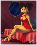 amy_wong black_eyes black_hair breasts cleavage dress fernando_faria_(artist) futurama high_heels shiny shiny_skin short_hair smile solo