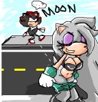 ass bent_over breasts cleavage closed_eyes funny furry gloves gray_hair long_hair mooning multicolored_hair no_panties sega shadow_the_hedgehog short_hair sonic text