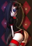  ass black_hair black_panties blue_eyes bow breasts cameltoe frilly_panties heart_print huge_breasts innocenttazlet iris_(ruby_gloom) long_hair looking_back one_eye panties printed_panties ruby_gloom solo stockings striped white_skin 