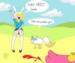 adventure_time animal_ears black_eyes blonde_hair blood blue_eyes bottomless cake_the_cat cat fionna_the_human funny long_hair no_panties nosebleed pink_hair prince_gumball pubic_hair pussy short_hair skirt_lift surprise