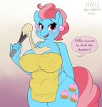  1_girl 1girl 2020 anthro anthrofied apron apron_only big_breasts blue_body blue_fur breasts clothing cup_cake cup_cake_(mlp) cutie_mark earth_pony english_text equid equine female female_anthro female_only friendship_is_magic fur furry hasbro high_res hirurux horse looking_at_viewer mammal mane mature_female mostly_nude mrs._cake_(mlp) multicolored_mane my_little_pony naked_apron open_mouth pink_eyes pink_mane pony solo solo_female speech_bubble standing text tongue two_tone_mane 