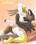  1girl accipitriform aggressive_retsuko anthro ass avian bed bird butt_grab closed_eyes duo furniture furry gobanire haida hand_on_butt hyaenid male male/female mammal nipple_fetish nipple_play nipple_suck sanrio secretary_bird secretary_washimi sucking 