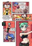  1girl ahoge backpack bandage blue_hair bra braces brown_hair choker cleavage comic condom determination dumfer earrings gerph green_eyes happy headphones hourglass_figure jacket light_green_hair mint_(skarp_world) plushie pokeball poster sharp_teeth short_shorts skarp_world skarpne tagme tamagotchi tank_top triforce wristband yellow_eyes 