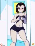 1_girl 1girl bare_shoulders black_hair blush bob_cut clothed dark_hair dc dc_comics doorway female female_only forehead_jewel furboz medium_hair midriff navel pale_skin partially_clothed patreon_username purple_eyes raven_(dc) seductive shiny_hair shirt_lift shirt_up short_shorts shorts smirk solo standing teen_titans teen_titans_go thin_waist top_lift undressing