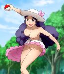 1girl breasts dress dress_lift female female_human female_only hairless_pussy hat human lady_(pokemon) long_hair looking_at_viewer misaeldm mostly_nude no_bra no_panties no_panties_under_dress npc_trainer outdoor outside pokeball pokemon pussy solo standing topless