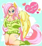 2012 animal_ears blush breasts cleavage clothing cutie_mark equine female fluttershy friendship_is_magic green_eyes hair heart human humanized my_little_pony pegasus pink_hair sexually_suggestive slugbox solo sweater tail wings