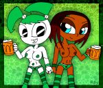 alcohol aqua_eyes beer black_eyes boots dark_skin four_leaf_clover four_leaf_clover_print frilly_panties green_hair green_panties jenny_wakeman maxine my_life_as_a_teenage_robot panties printed_panties rayryan_(artist) robot smile st._patrick's_day stockings striped twin_tails underwear xj-9