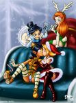  alex_(totally_spies) ayvuir_blue britney_(totally_spies) candy_cane christmas clover_(totally_spies) elf kissing mistletoe reindeer sam_(totally_spies) santa_costume totally_spies yuri 