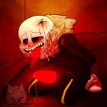  1boy animated_skeleton black_clothes black_jacket black_shorts blood blush crying cum gold_teeth kneeling leaking_penis lizherubones male male_only penis red_eyes red_penis red_tongue sans_(underfell) sans_au sharp_teeth skeleton sneakers solo_male tears tongue tongue_out underfell undertale_au undertale_fanfiction wound 