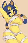 1girl animal_crossing animal_ears ankha ankha_(animal_crossing) anthro areola bandages between_breasts blue_eyes blue_hair breasts bubble_tea cat cat_ears cat_tail cup drink drinking egyptian erect_nipples furry hands_behind_head large_breasts looking_at_viewer makeup mascara navel nipples pinkcappachino short_hair simple_background straw striped_tail thighs yellow_fur