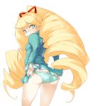 1girl ass big_hair blonde_hair blue_panties butt_crack capcom dressing drill_hair green_eyes green_panties long_hair looking_back no_legwear panties panty_pull piroshi pulp_piroshi rockman ryuusei_no_rockman shirogane_luna skirt solo underwear upskirt