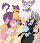  1boy 2019 4girls anthro balls bed big_penis blush breasts cat game_freak group_sex huge_breasts jinu liepard luxray multiple_girls nintendo nipples paizuri penis persian pokemon purugly simple_background skitty smile veiny_penis 