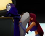 2_girls 2girls bent_over big_breasts cape clothed clothed_female dc_comics dcau female/female female_only forehead_jewel green_eyes green_sclera long_hair orange_skin pale-skinned_female purple_eyes purple_hair raven_(dc) ravenravenraven red_hair short_hair starfire superheroine teen_titans