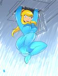  1girl big_breasts blonde_hair blue_eyes bodysuit breasts full_body high_heels legs looking_at_viewer metroid omegasunburst open_mouth ponytail samus_aran sidelocks thighs under_boob ventilation_shaft zero_suit 