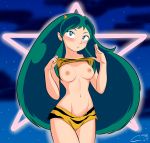 1girl :o bikini bikini_lift blue_eyes blush breasts cabronpr eyeshadow flashing green_hair light-skinned_female light_skin long_hair looking_at_viewer lum medium_breasts navel nipples pointy_ears standing swimsuit tagme urusei_yatsura very_long_hair