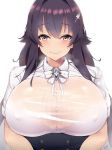 1girl azuma_(azur_lane) azur_lane bangs black_hair blush bra breasts brown_eyes erect_nipples hair_between_eyes hair_ornament hairclip heavy_breathing huge_breasts kuavera long_hair looking_at_viewer see-through simple_background smile upper_body white_background