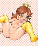 1girl bad_id blush breasts brown_hair crown earring earrings green_eyes jewelry kokoni_(kocononi) long_hair looking_at_viewer lying mario_(series) navel nintendo nipples nude open_mouth princess_daisy pussy questionable skindentation smile solo spread_legs stockings super_mario_bros. super_mario_land thighhighs tiara uncensored