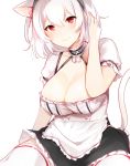  1girl anchor_choker animal_ears apron azur_lane bangs blush breasts cat_ears cat_tail choker cleavage frilled_choker frills hair_between_eyes hair_intakes hand_up lace-trimmed_hairband looking_at_viewer maid_uniform puffy_short_sleeves puffy_sleeves red_eyes short_hair short_sleeves simple_background sirius_(azur_lane) sitting stockings tail tareme white_hair white_legwear 