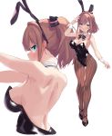  1girl animal_ears back bangs bibiko big_breasts blue_eyes blush breasts brown_hair bunny_ears bunny_girl bunnysuit cleavage detached_collar fake_animal_ears from_behind hair_ornament high_resolution large_filesize leotard looking_at_viewer medium_hair multiple_views nijisanji no_bra open_mouth pantyhose shippitsu simple_background sleeveless smile striped striped_legwear suzuhara_lulu suzuhara_ruru upper_body vertical-striped_legwear vertical_stripes very_high_resolution virtual_youtuber white_background wrist_cuffs x_hair_ornament 