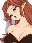 1girl 3u_(artist) blue_eyes blush breasts brown_hair chenge-getter cleavage lips lipstick long_hair makeup malon nintendo ocarina_of_time pointy_ears solo sweat the_legend_of_zelda the_legend_of_zelda:_ocarina_of_time