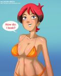  1girl alcasar-reich big_breasts bikini blue_background blue_eyes blush breasts brown_hair cleavage dialogue female_only humanized margaret_(regular_show) multicolored_hair navel red_hair regular_show short_hair simple_background smile wide_hips yellow_bikini 