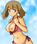 1girl arm art babe bare_shoulders big_breasts bikini blue_eyes blush breasts breasts_out breasts_outside brown_hair cleavage cloud haruka_(pokemon) humans_of_pokemon looking_at_viewer may_(pokemon) midriff navel neck nintendo nipples pink_bikini pink_swimsuit pokemon pokemon_(anime) pokemon_(game) pokemon_rse short_hair sky smile swimsuit tsumitani_daisuke