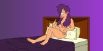 bed black_eyes breasts cleavage cyclops futurama lipstick long_hair nude one_eye purple_hair smile solo spider-matt turanga_leela