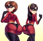 2girls apostle_(artist) ass ass_to_ass big_ass black_hair breasts brown_hair clothed curvy disney domino_mask duo elastigirl exposed female female_human female_only gloves hair helen_parr horny_women huge_ass huge_breasts human human_only lipstick long_hair looking_at_viewer looking_back looking_behind milf mother_and_daughter multiple_girls non_nude panties pixar presenting shocked short_hair sideboob small_breasts smile standing stockings the_incredibles thick_thighs tight underwear violet_parr voluptuous wide_hips