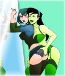 ass ass_grab big_breasts black_eyes black_hair blush breasts callmepo cartoon_network cleavage color colored crossover disney dyed_hair erect_nipples garter_belt goth green_hair green_lipstick green_panties green_skin grope groping gwen_(tdi) hairband hourglass_figure kim_possible licking_lips lipstick long_hair looking_back miss_go pale-skinned_female panties pinupsushi purple_panties shego short_hair skirt_lift skull_print smile stockings teacher thick_ass thick_legs thick_thighs tongue total_drama_island two_tone_hair underwear you_gonna_get_raped yuri