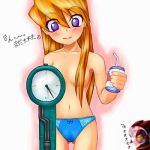  1boy 1girl blonde_hair blue_panties blush bow bow_panties capcom ciel ciel_(megaman) ciel_(rockman) hentai_kamen long_hair lowres mega_man mega_man_zero object_on_head panties panties_on_head panties_only rockman rockman_zero scale topless underwear underwear_only weight_conscious zero_(rockman) 