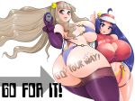 2girls amano_taiki ass bare_shoulders bikini blue_eyes blue_hair body_writing breasts brown_eyes cap chronometer curvy elbow_gloves female gloves hair hair_ornament hat headgear hips huge_ass huge_breasts idolmaster long_hair miura_azusa multiple_girls navel open_mouth plump shi_osuta_ooyake shijou_takane sideboob silver_hair simple_background stockings swimsuit thighhighs thighs thong very_long_hair white_background wide_hips