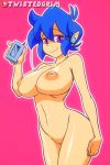 1girl 2018 artist_name big_breasts blue_hair bouncing_breasts breasts dancing digital_media_player emi_(twistedgrim) female_only gif looking_at_viewer loop nipples nude pink_eyes pussy short_hair simple_background smile twistedgrim